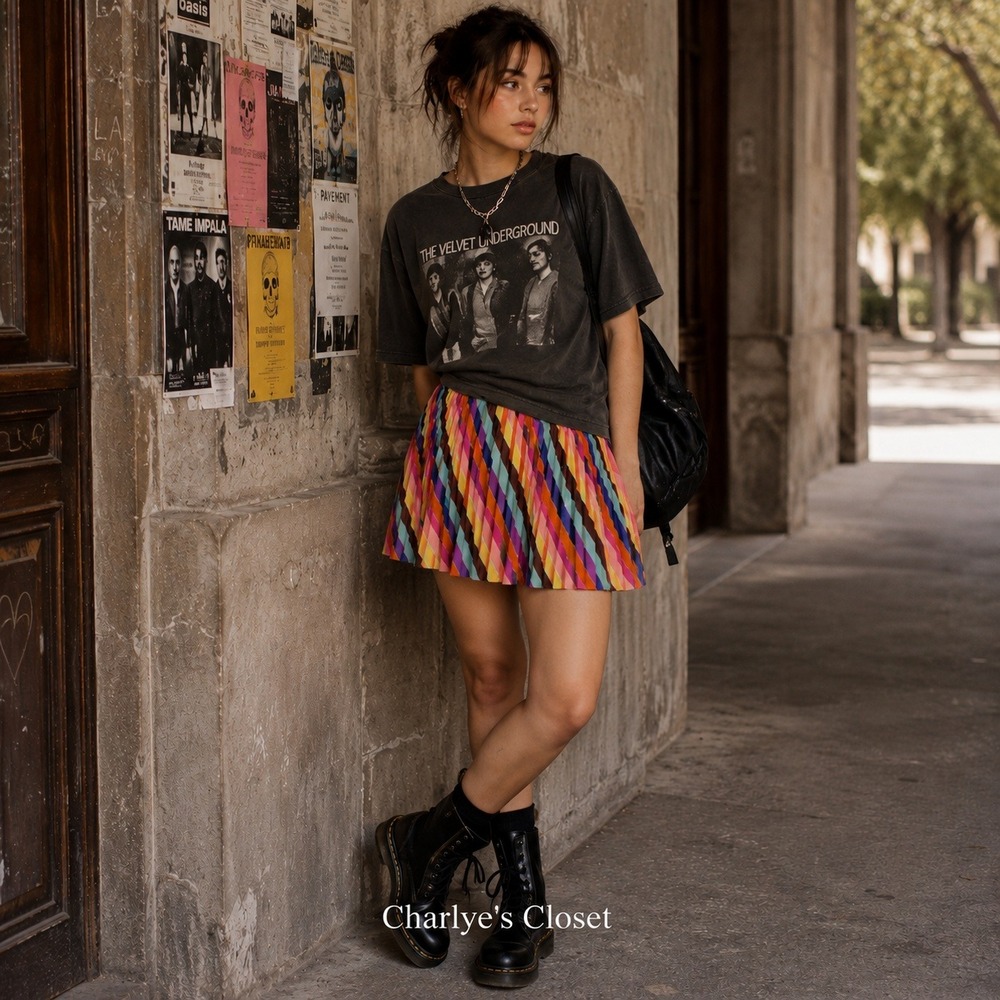 Guess Los Angeles Rainbow Pleated Mini Skirt 27 (S) Indie Grunge Skater Pride